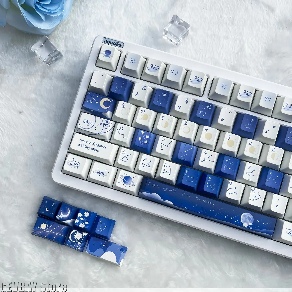 

Starry Sky Theme Cute Keycaps PBT Cherry Profile 120 Keys Blue Full Set for Made68 Mad68 Wooting 60 Mechanical Keyboard Keycaps