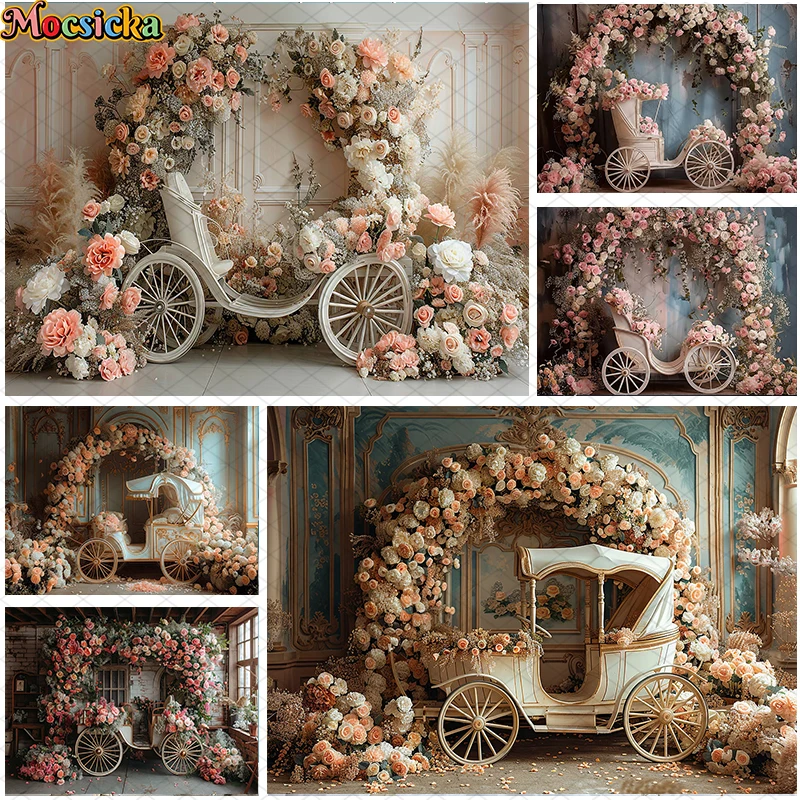 

Mocsicka Photography Background Spring Indoor Carriage Floral Decor Wedding Maternity Adult Art Portrait Backdrop Photo Studio