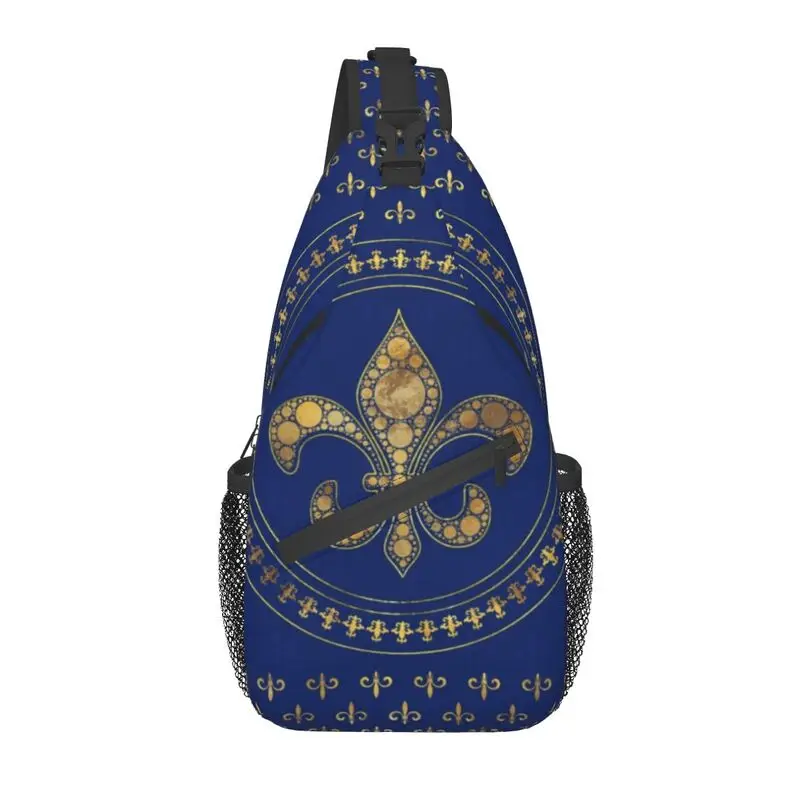 

Fleur-De-Lys Gold And Royal Blue Sling Bag Men Cool Fleur De Lis Lily Flower Shoulder Crossbody Chest Backpack Traveling Daypack