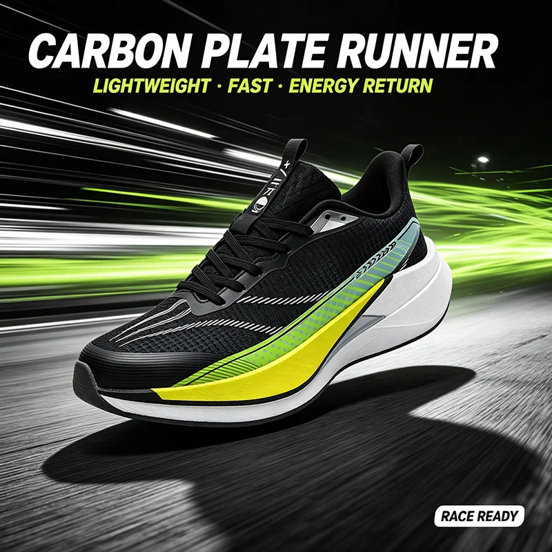 Men Women Carbon Plate Running Shoes Lightweight Breathable Marathon Sneakers Non‑Slip Cushioning for Race Training Gym Sports