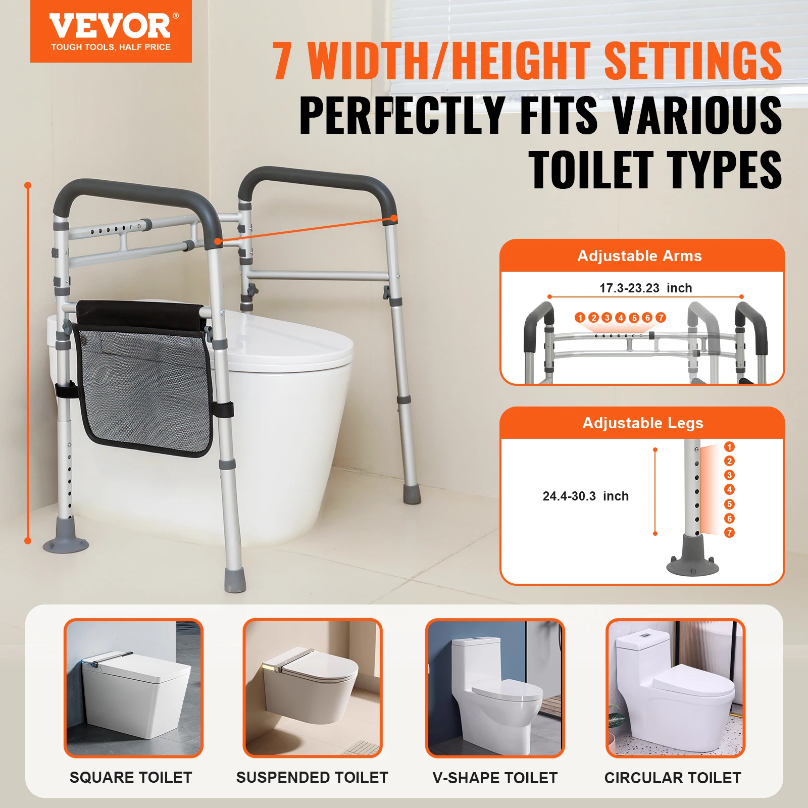 VEVOR Toilet Safety Rail Folding Toilet Seat Frame, Adjustable Width & Height Supports 300lbs for Handicap Disabled Seniors