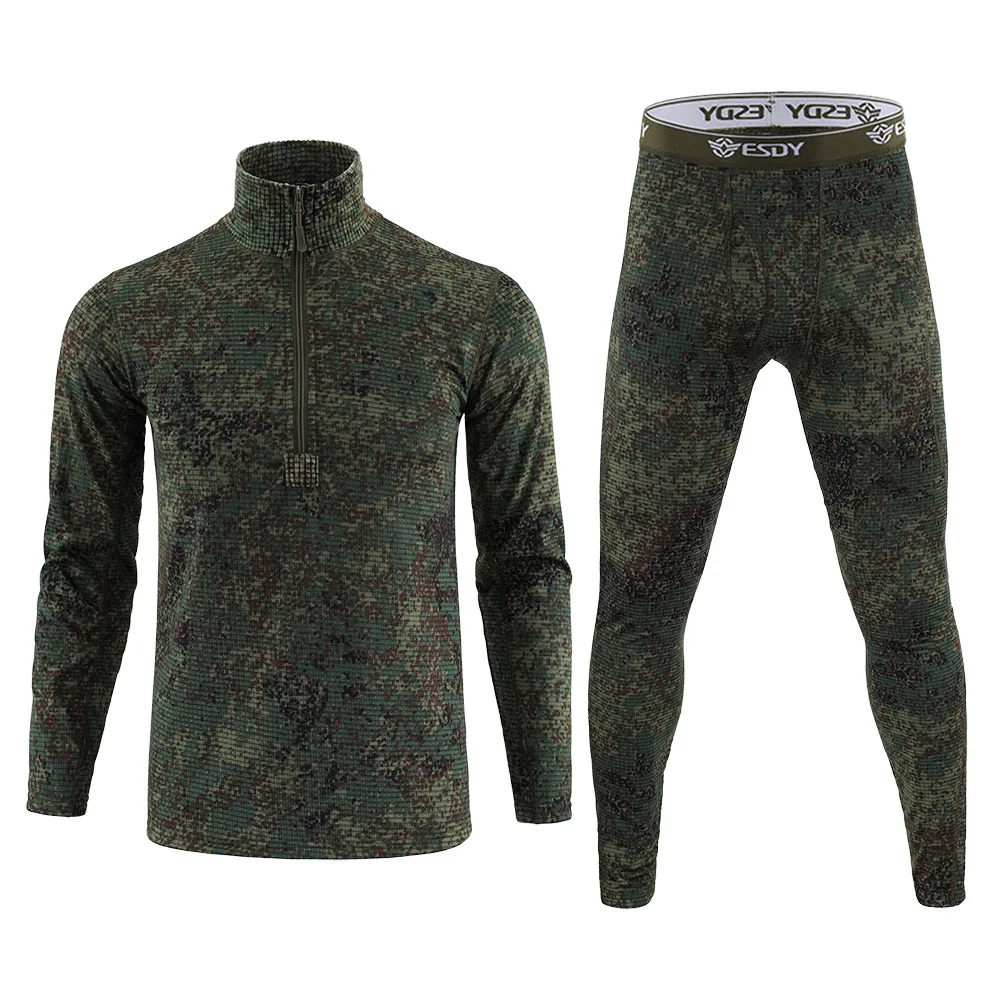 2024 Camouflage underwear Men\'s standing collar sports fitness suit Outdoor  tactical training Hiking travel fleece thermal unde