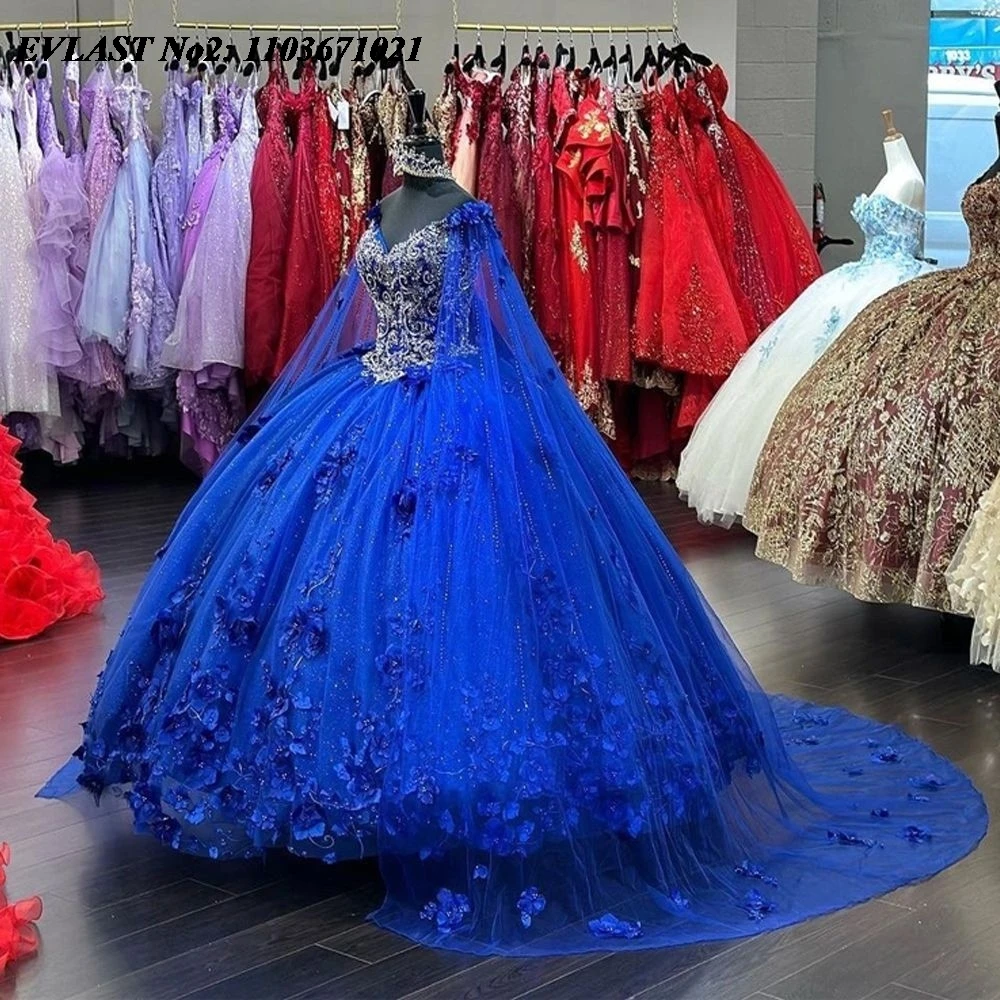 

EVLAST индивидуальное блестящее королевское синее платье Quinceanera с 3D цветочной аппликацией и бисером, накидка для вечеринки, милое платье 16, Vestidos 15 Anos E2QA106