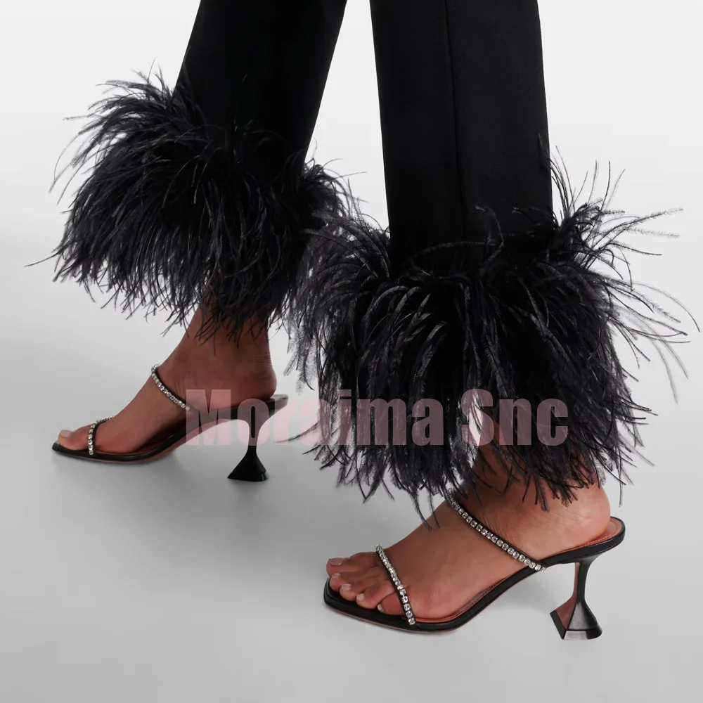 

Crystal Embellished Bling Slippers Square Toe Wine Glass Heel Slip On Sexy Fashion Women's Summer Shoes Black Solid 2025 Newest