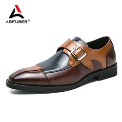 Classic Monk Leather Man Shoes Color Block Round-Toe Buckle Business Dress Leather Shoes Man Casual Wedding Party Shoes For Man