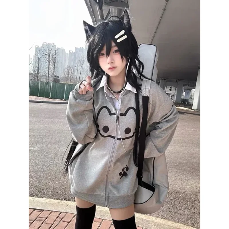 

Japanese Women Clothing Cute Jackets Stand Neck Long Sleeve Zipper Outwear Anime Print Casual Fashion Coats Oversized Y2k Tops