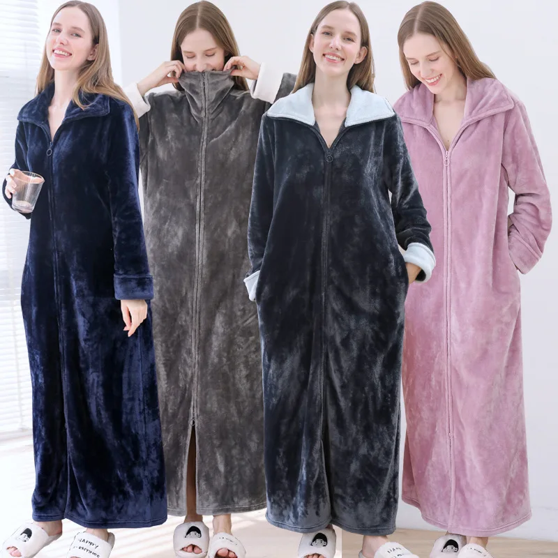 Women Ultra Long Plus Size Thick Warm Bathrobe Lovers Winter Thermal Flannel Bath Robe Men Robes Pregnant Zipper Dressing Gown