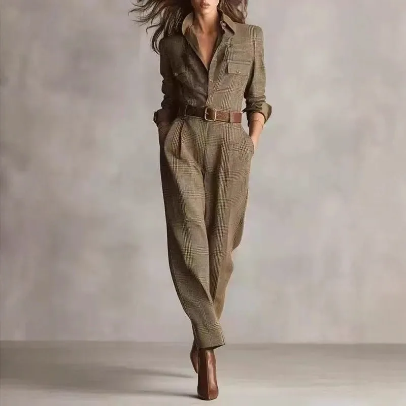 

Женские облегающие комбинезоны в клетку в стиле ретро с принтом, осень-зима, повседневные комбинезоны с длинными рукавами и пуговицами, женские элегантные брюки-карго
