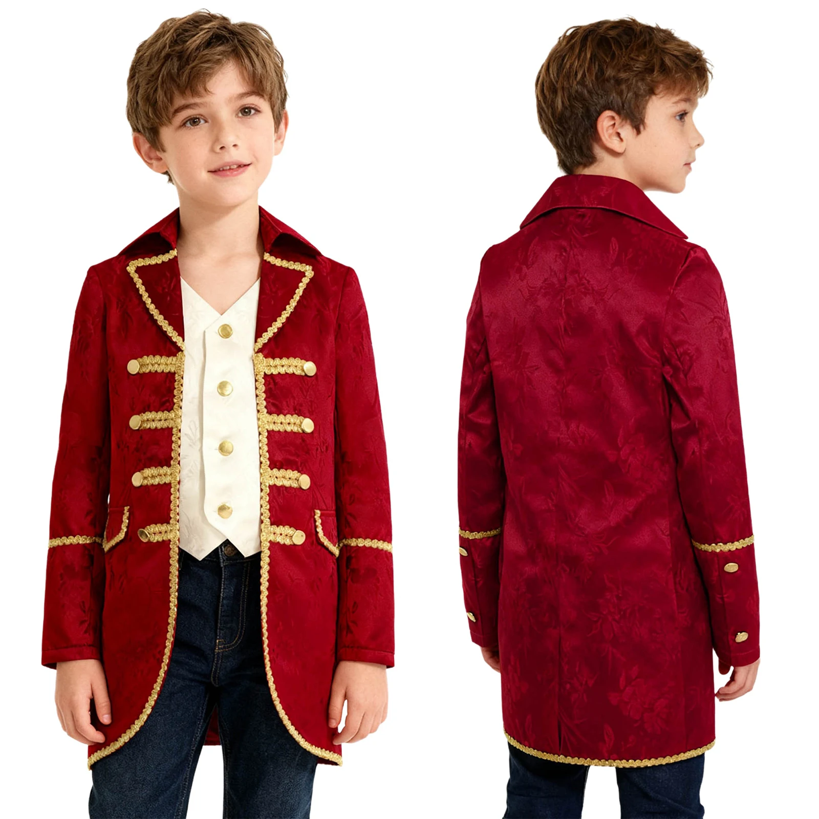 Jongens Middeleeuwse Victoriaanse Slipjas Halloween Steampunk Gotische Uniform Jas Lange Mouwen Goud Trimmen Nep 2-in-1 Jas Uitloper