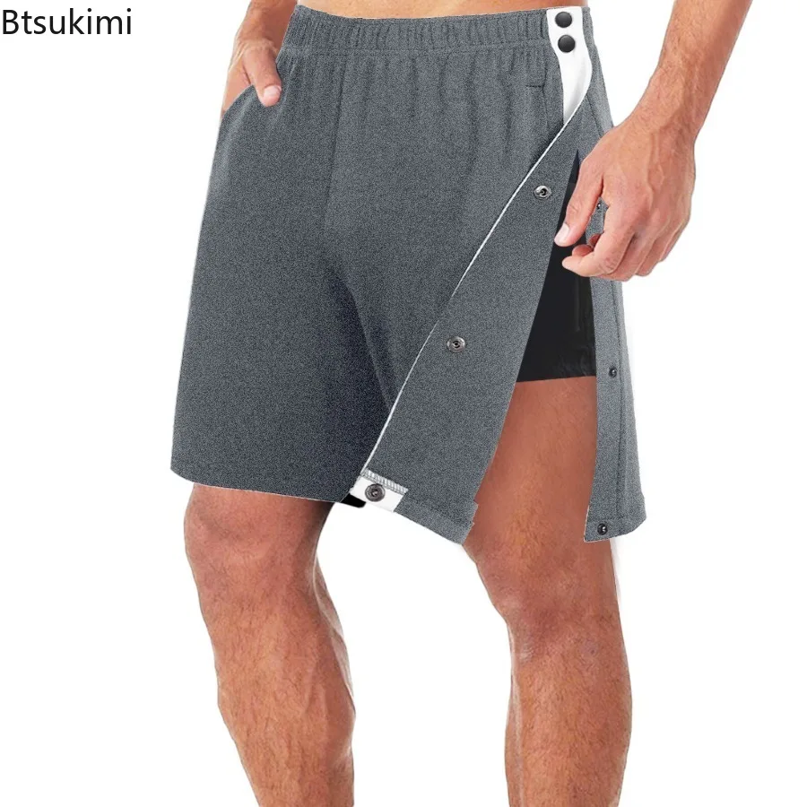 New Men's Summer Casual Pockets Shorts Loose Side Buckle Split Straight Shorts Elastic Waist Men Sport Training Basketball Pants