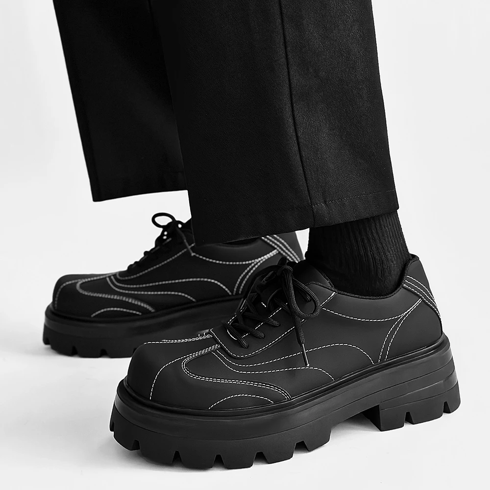 Hight Quality 2024 Spring New Street Style Black Teenagers Men Leather Shoes Daily Casual Banquet Dress 5cm Heightening Effect