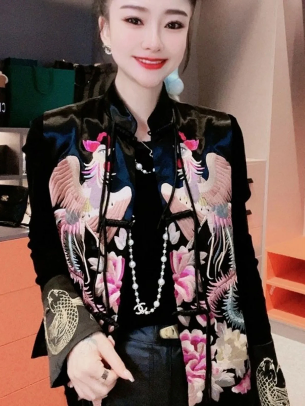 

New Chinese Sle Embroidered Peony Jaet Women's Spring Autumn National Wind Tang Costume Stand Collar Button Vest Top