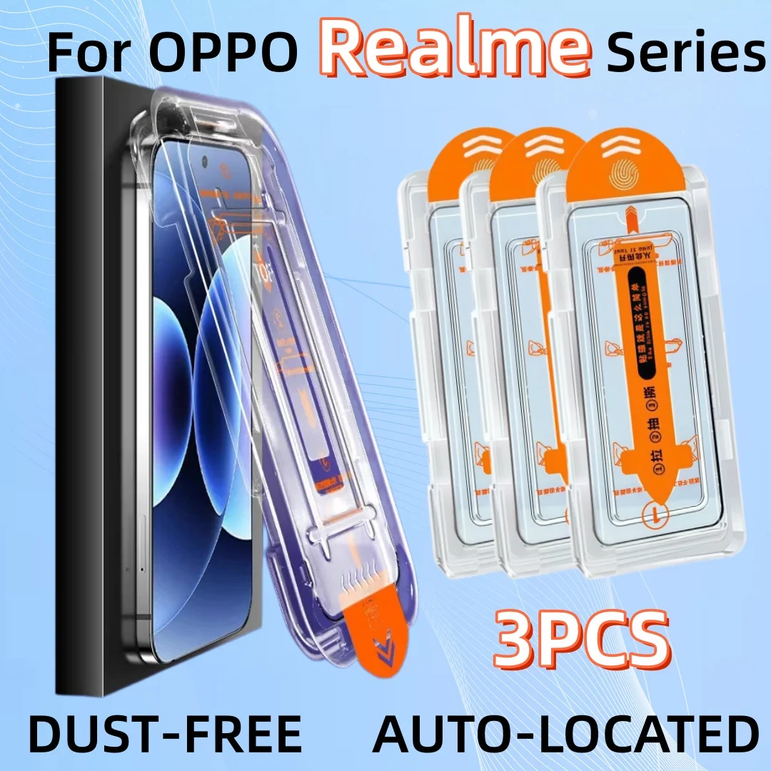 

3PCS Screen Protector Kit for OPPO Realme 14 13 12 10 9 pro GT 7 6 5 X7 Q5 I Q3 Q3i V30 V23 Auto-Dust Tempered Glass Install