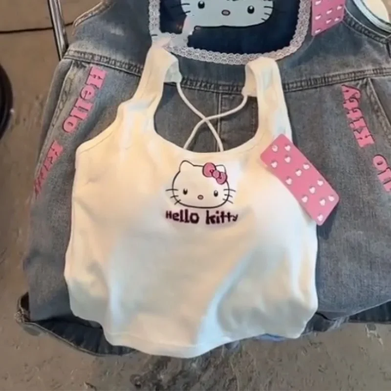 

Sanrio Hello Kitty Fashion Clothing New Top with Breast Pad Cute Top Girl Summer Cool Cropped Top White Sexy Suspender Girl Gift