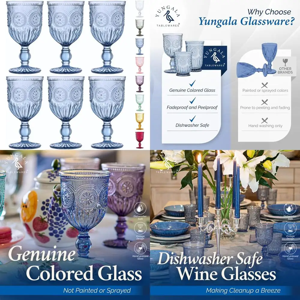 

Set of 6 Blue Vintage Stemmed Wine Glasses, 10oz Capacity, Dishwasher Safe Handcrafted Glassware