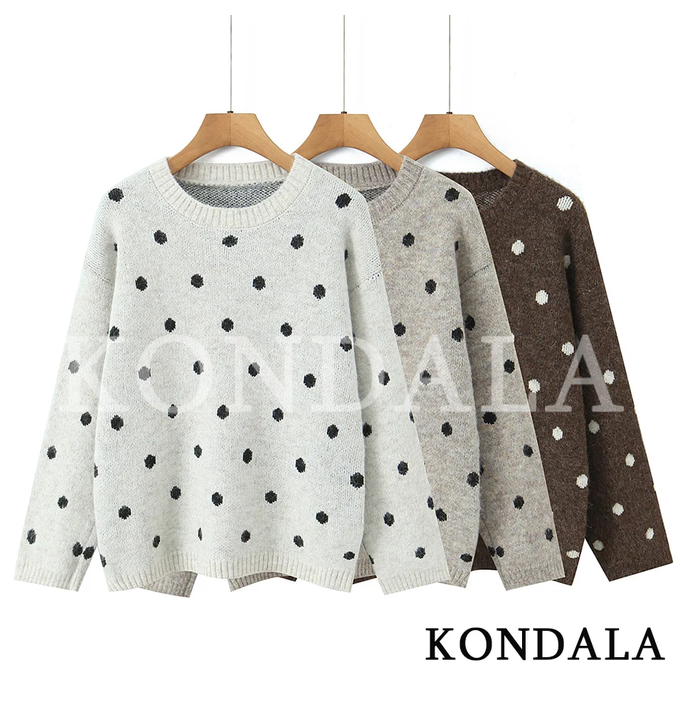 KONDALA Women Fall Casual Elegant Sweater Polka Dot O-Neck Pullover Knit Loose Top 2026 Autumn Winter Chic Retro Classic Sweater