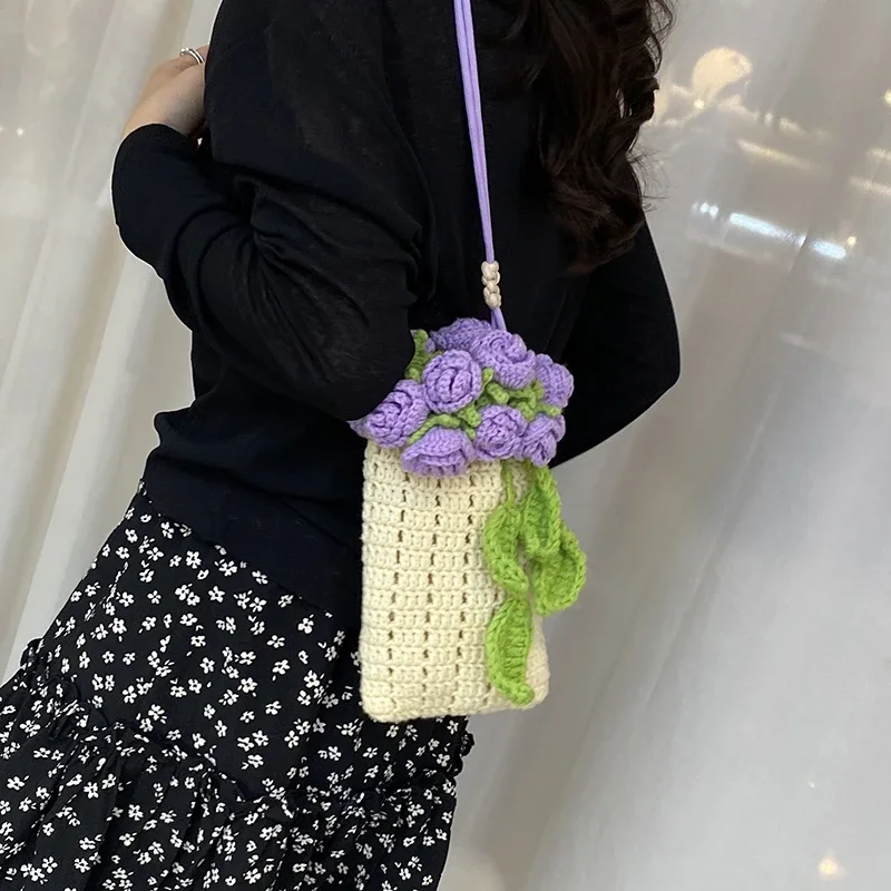 

Сумки на плечо из пряжи с цветочным принтом, однотонные романтические брендовые сумки 2025 года для женщин, летние сумки через плечо для пляжного отдыха