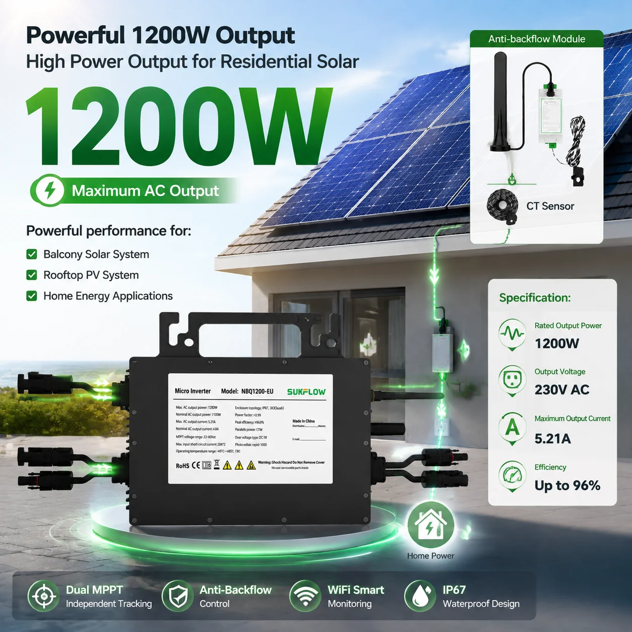 SUKFLOW zero Export 1200W Micro Inverter WiFi Monitoring MPPT Balcony Solar Inverter for PV Solar System 230VAC