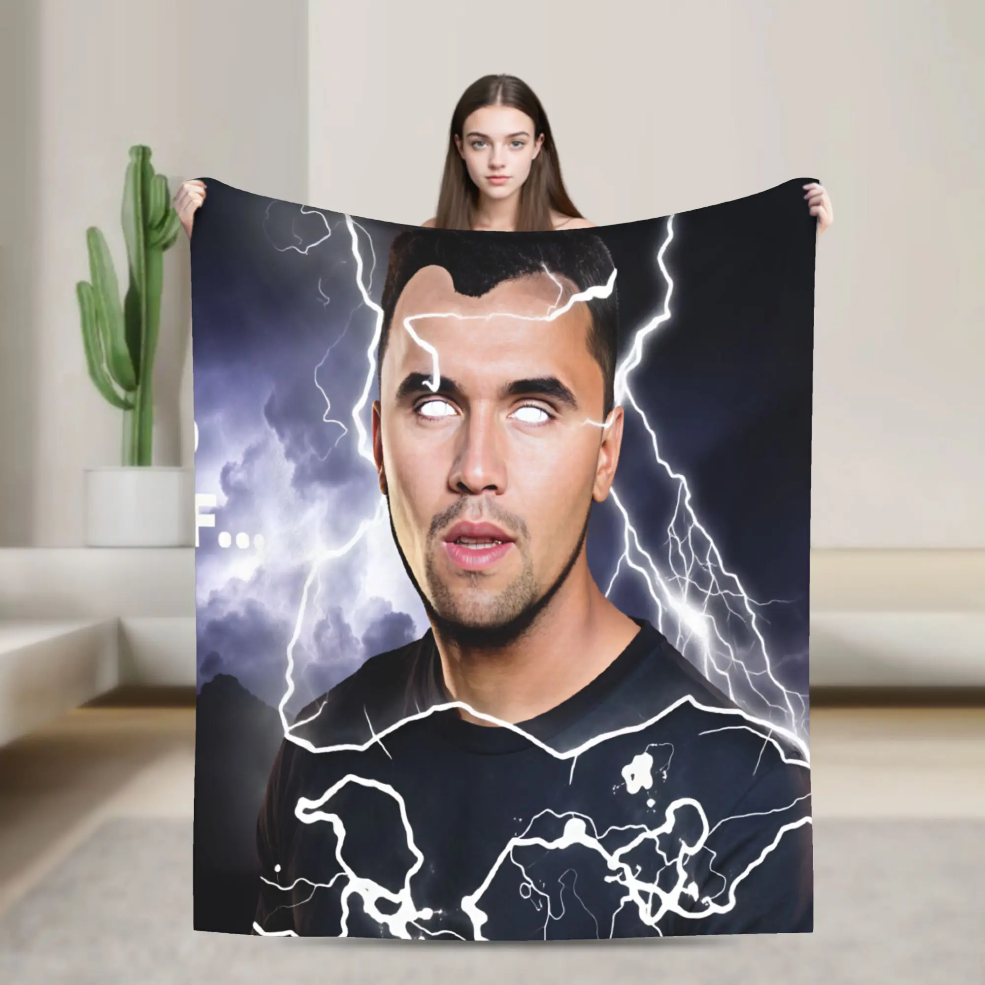 Charlie Kirk Glowing White Eyes Lightning Storm Bearded Man Throw Blanket Warm Soft Blanket For Living Room Office Bed Cover
