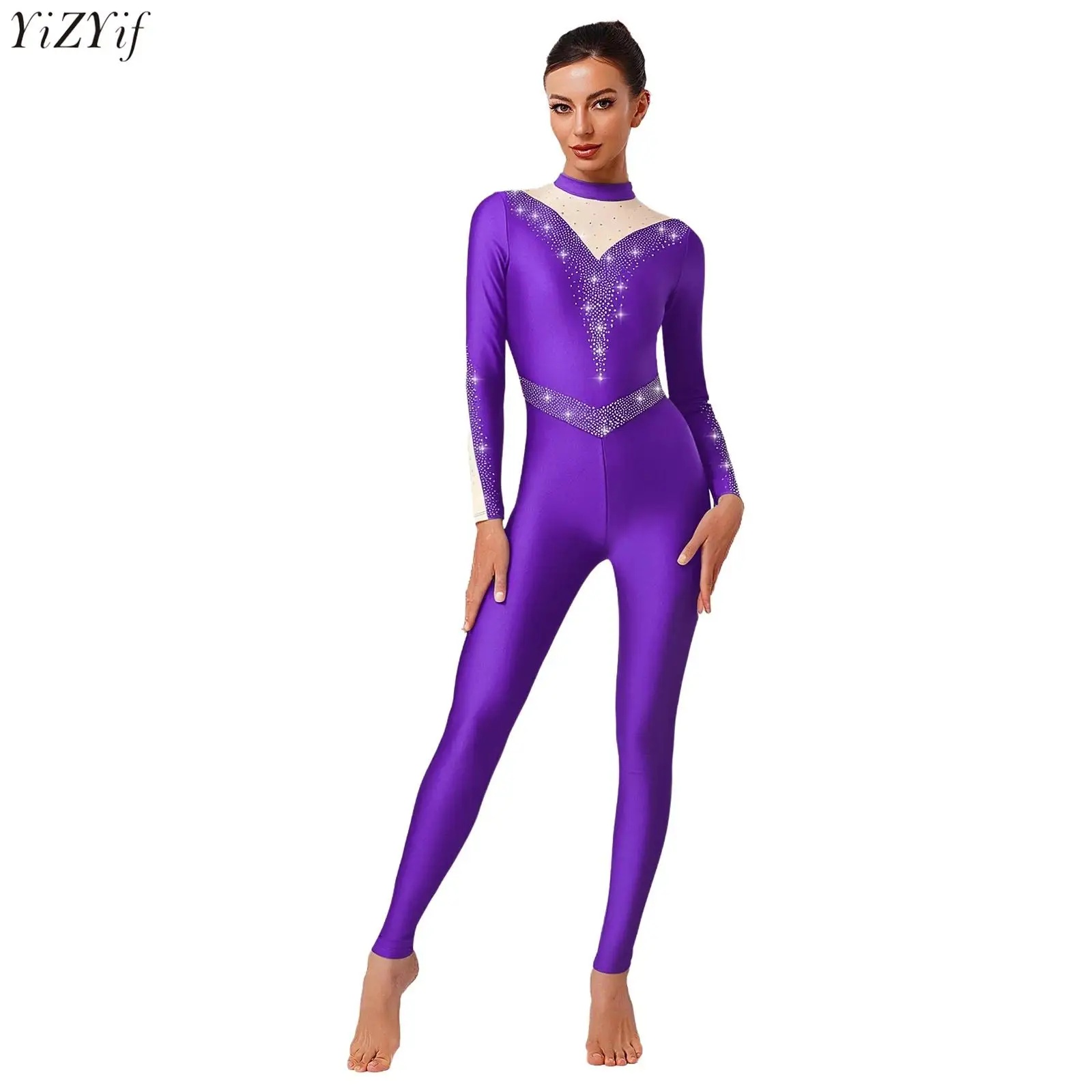 

Women Figure Ice Skating Dance Gymnastics Leotard Shiny Rhinestones Long Sleeve Long Pants Jumpsuit for Gym Training Dancing