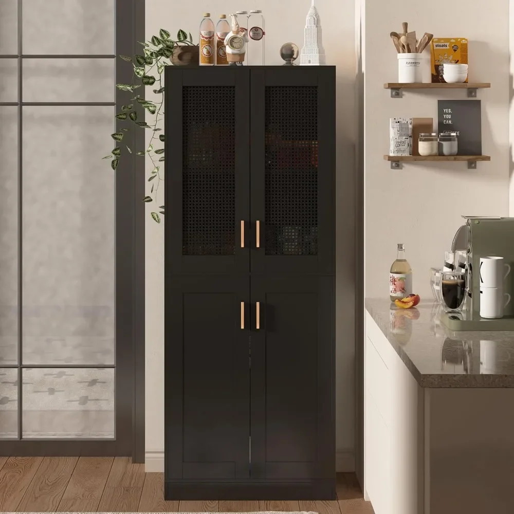 Kitchen Storage Cabinet with Rattan Doors and Adjustable Shelves, Kitchen Cabinet 71