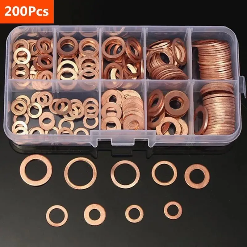 200/100Pcs Washer Copper Sealing Solid Gasket Washer Sump Plug Oil For Boat Crush Flat Seal Ring Tool M8/M10/M12/M14 Sizes