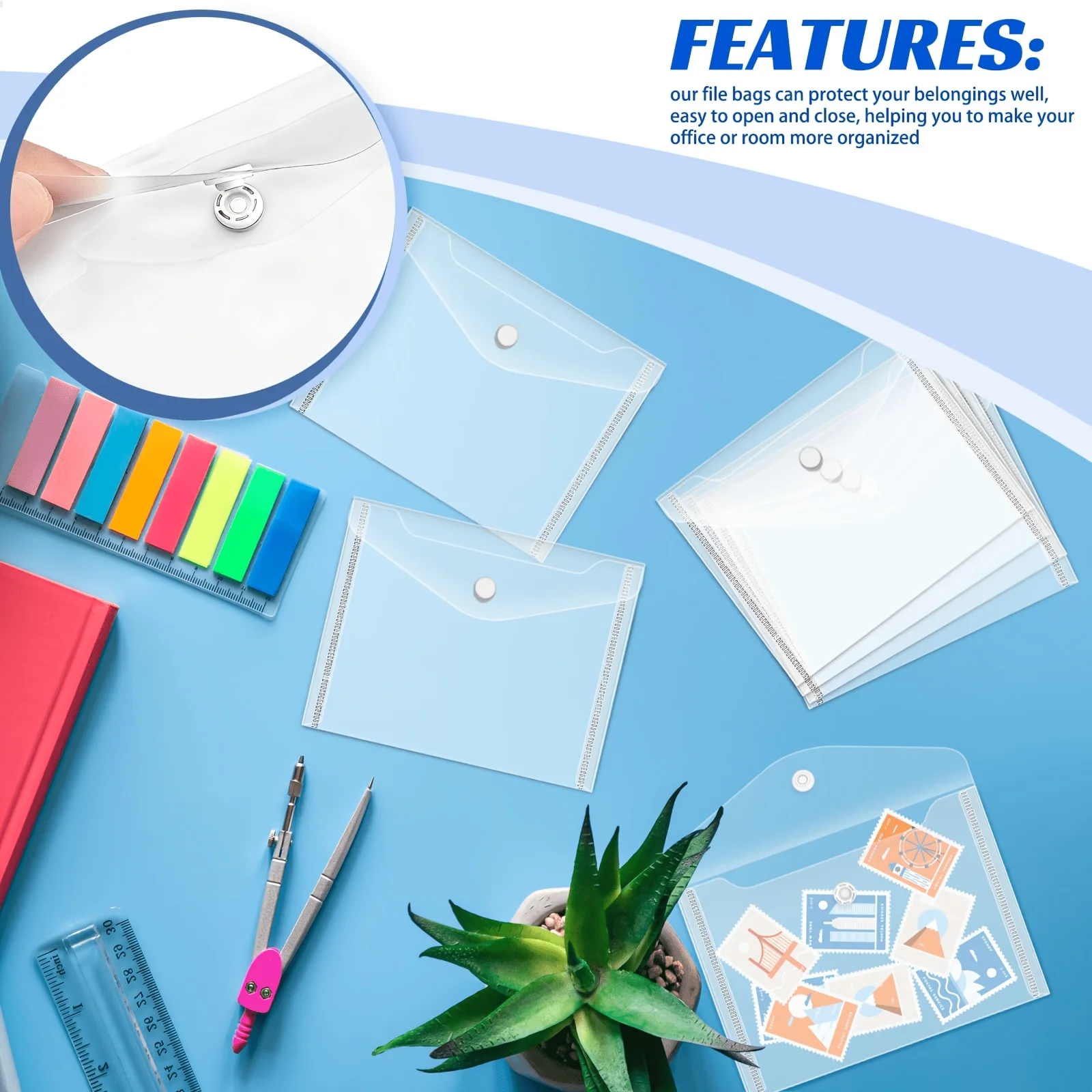20 Stamp And Die Storage Pockets, Plastic Envelopes Snap-Button Scrapbook Storage Pouch Sticker Organizer Photo Storage Folders