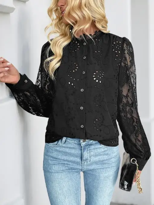 

Autumn Solid Color Round Neck Lace Patchwork Single Breasted Shirt for Women, Elegant and Casual Hollow Out Long Sleeved Shirt