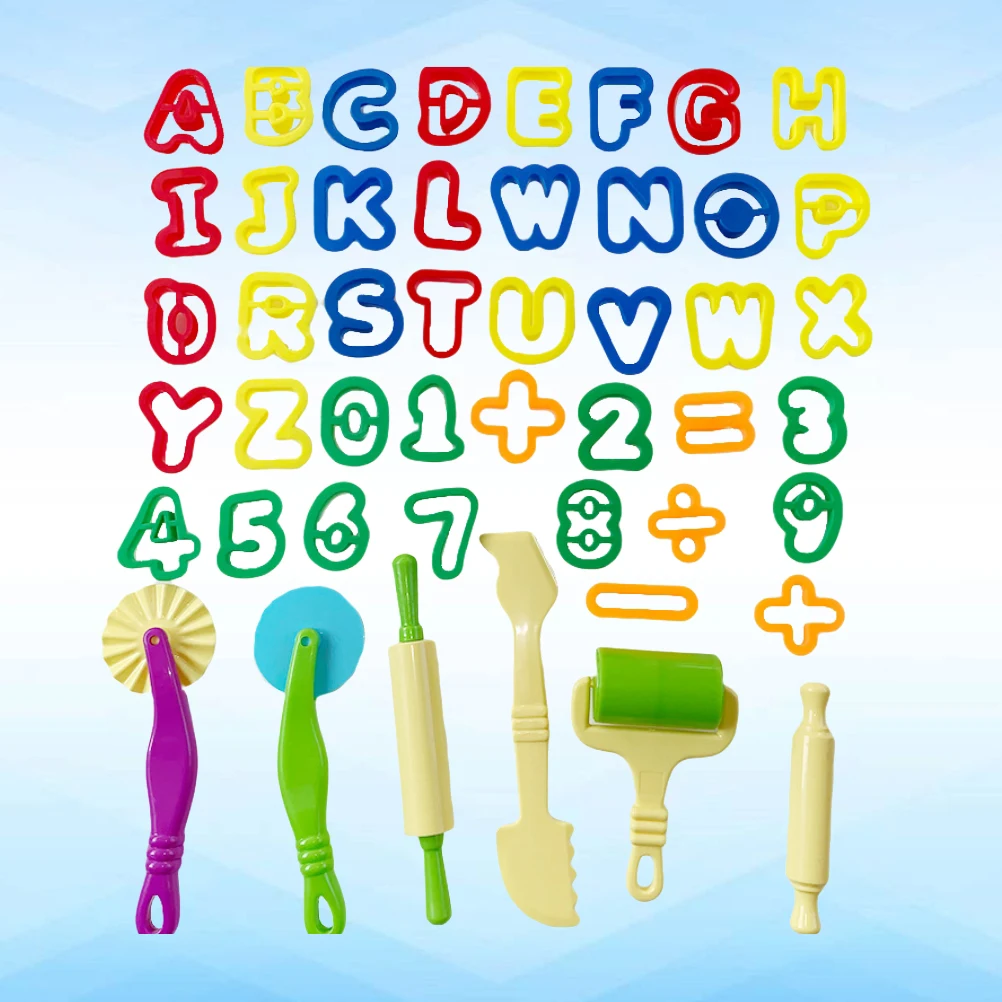 47 pçs kit de ferramentas de argila de massa multi forma cortadores de moldagem colorida alfabeto número selo conjunto para crianças jogo imaginativo