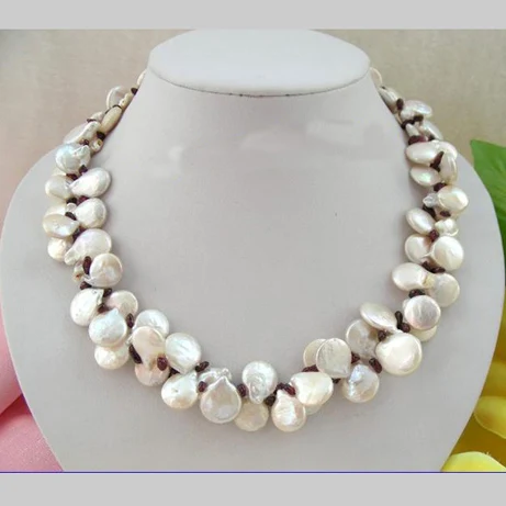 Favorite Pearl Necklace,Stunning 2Rows 13mm White Coin Freshwater Pearl Red Garnet Necklace,Charming Women Gift