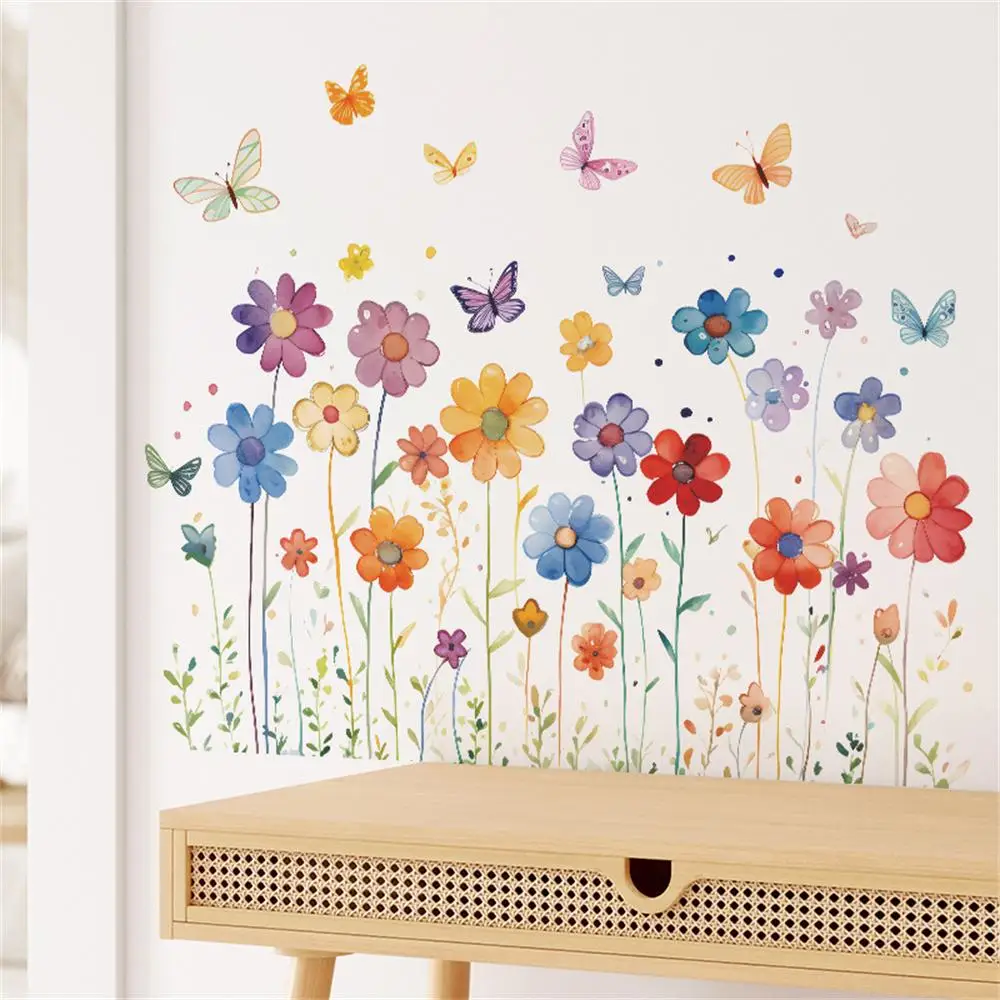 

Cartoon Watercolor Flower Butterfly Wall Sticker For Living Room Background Decoration Mural Bedroom Decor Removable Home Decals