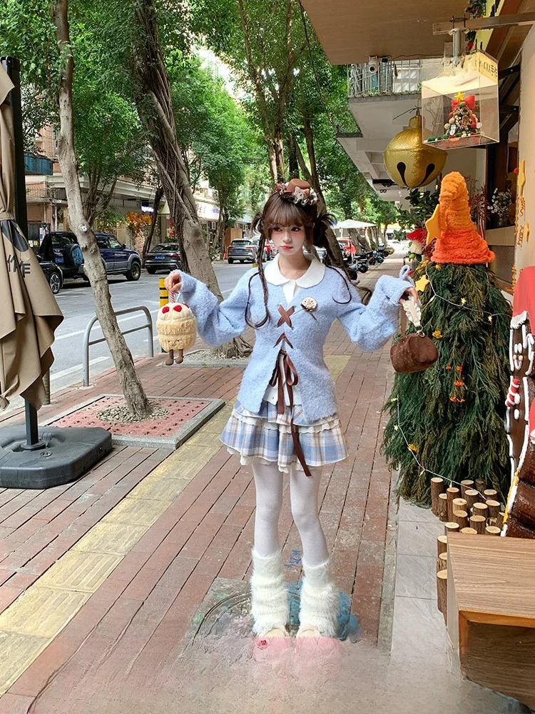 

Sweet Retro Sle Blue Faux Two-Piece Knitwear Sweater Women's Winter Lazy Feelings Outerwear Garment Doll Collar Regular Fit