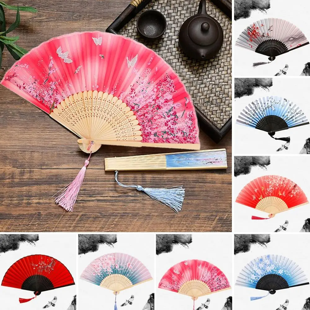 Silk Chinese Japanese Folding Fan Tassel Elegent Female Fan Bamboo Shank Classical Dance Fan Colorful Hand Fan