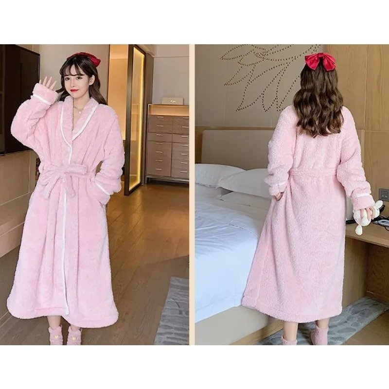 2023 New Autumn Winter Coral Velvet Nightgown Women Extended Flannel Loungewear Thickened with Velvet Sleepwear Loose Bathrobe