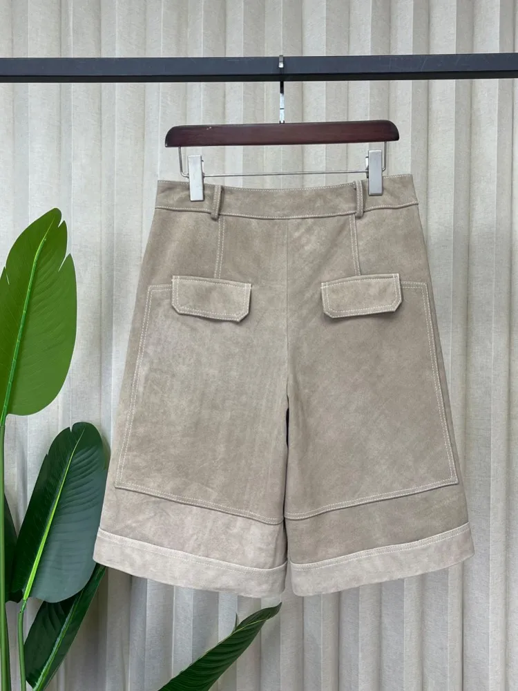 Boyfriend Style Women Real Suede Leather Shorts Wide Leg Flare Trousers Autumn New Designer Knee Length Shorts Casual Streetwear