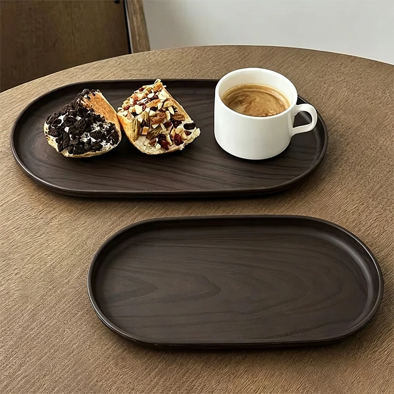 Walnut Wood Color Oval Mini Serving Tray Multi-Purpose Plastic Plate for Coffee Cup Kitchen Storage Bathroom Organizer Trays
