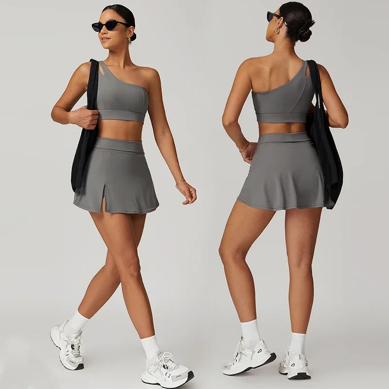 

Yoga Skirt Set Women Workout Sport Suits Gym Wear High Wais Fitness Crop Top Female Tennis Sportswear One Shoulder Bra Female