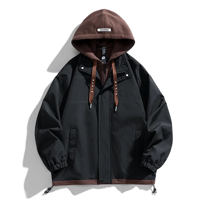 

Men Hooded Jacket Loose Fit Two Piece Style Outdoor Windbreaker Casual Streetwear Fashion Coat