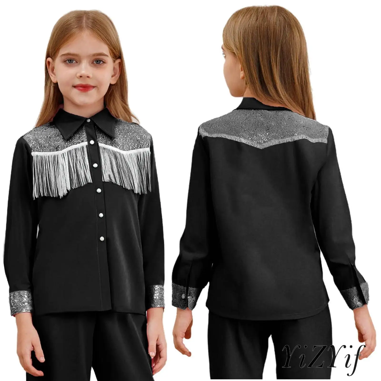 

Girls Enchanting Western Cowgirl Shirt with Lapel Shiny Sequins Long Sleeve Fringe Button Down Costume for Halloween Dress Up