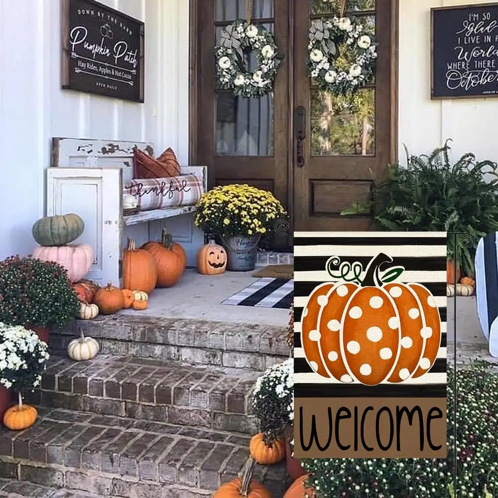 RABUSOFA Fall Welcome Garden Flag 12x18 Inch Double Sided for Outside, Thanksgiving Polka Dot Pumpkin Striped Outdoor Seasonal Y