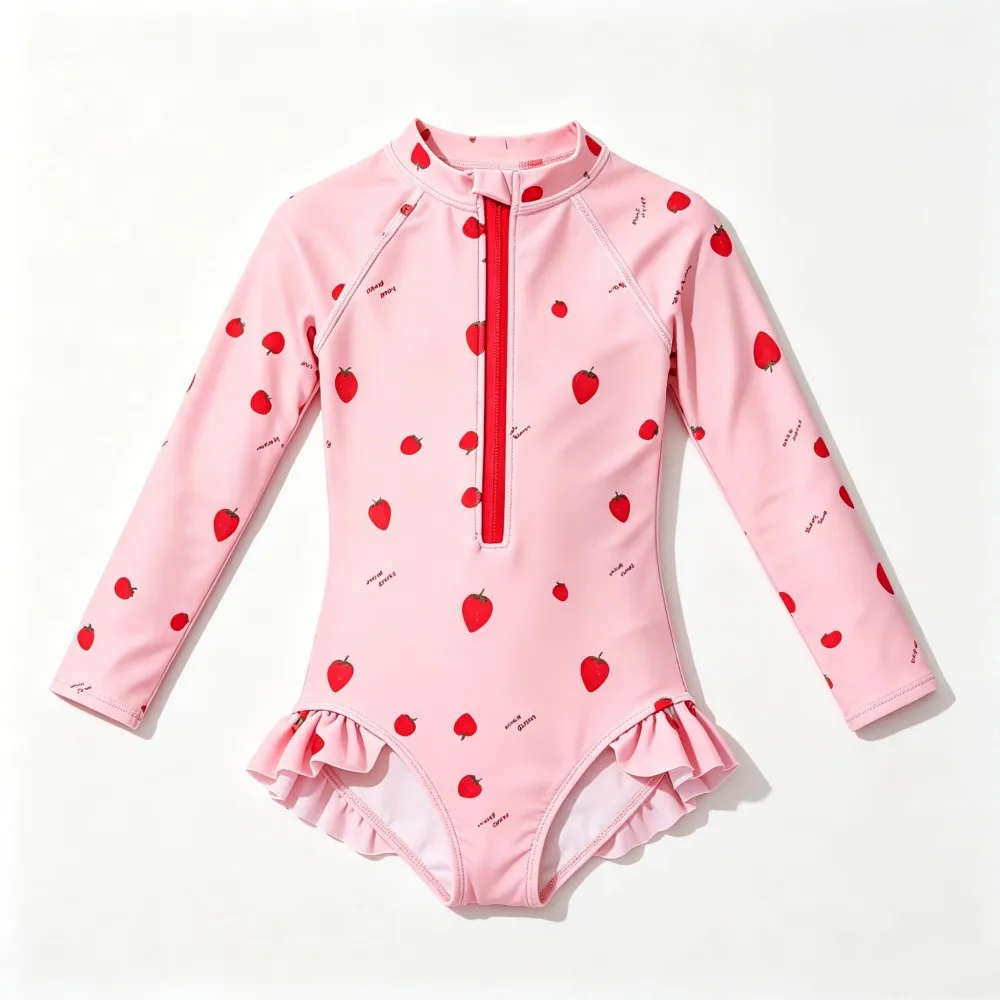 Girl Bodysuit Swim Baby 1 to 2 3 4 5 6 7 8 9 Years Long Sleeve Spf 50+ Bikini Pink Yellow Strawberry Heart Swimwear Sport Shorts