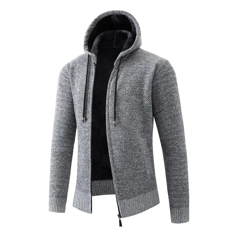 2024 Winter Men\'s Hooded Coat Simple Long Sleeved Sweater Plush Casual Coat Hooded Zippered Cardigan