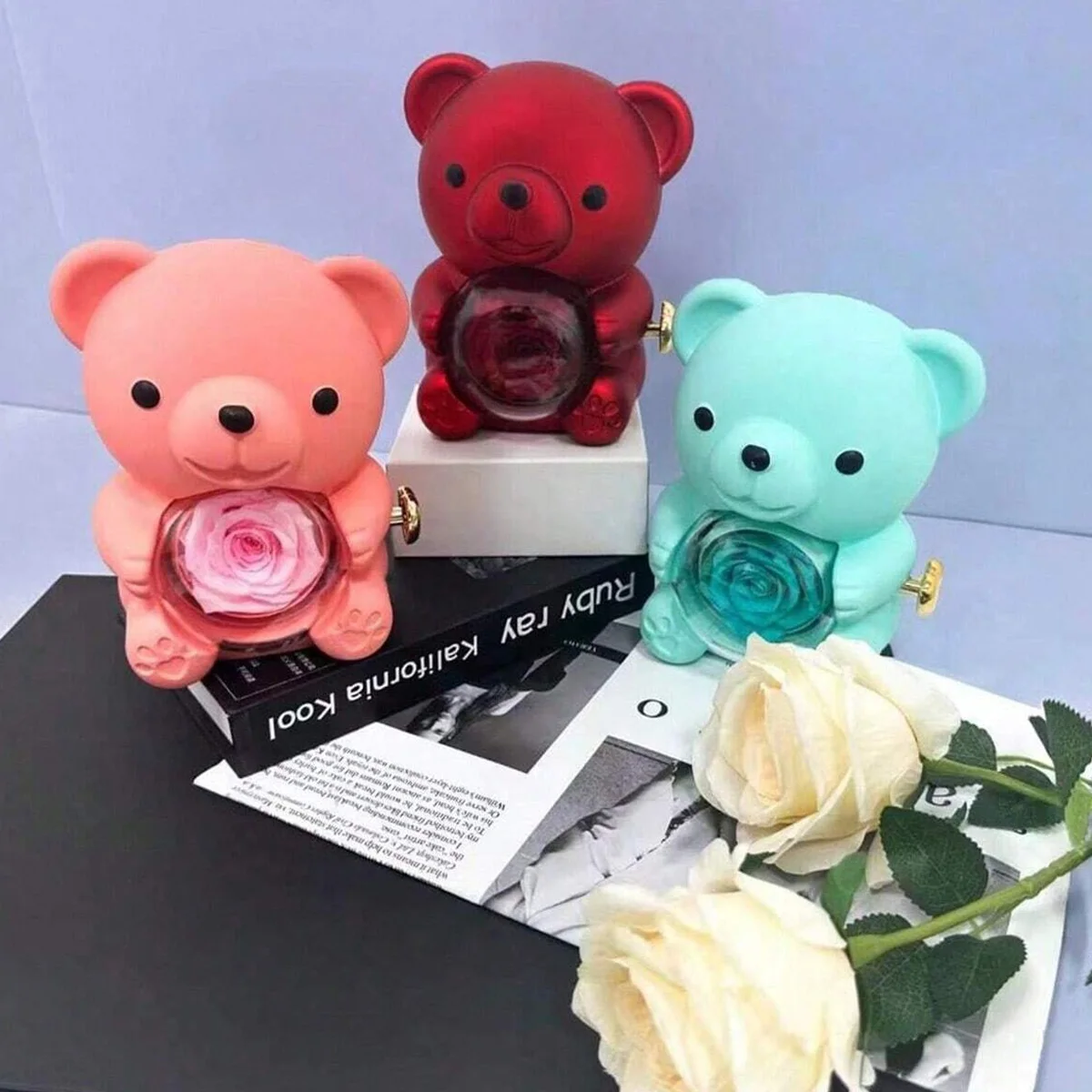 1pc Exquisite Valentine's Day Rotating Teddy Bear GiftBox with Eternal Flower - Perfect Display Case forRings, Necklaces, Access