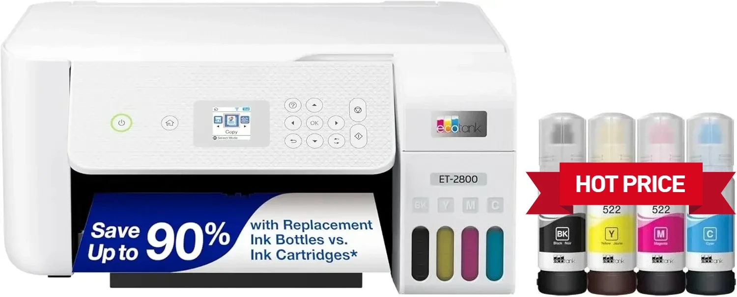 

EcoTank ET-2800 Wireless Color All-in-One Cartridge-Free Supertank Printer with Scan and Copy Home Printer - White, Medium