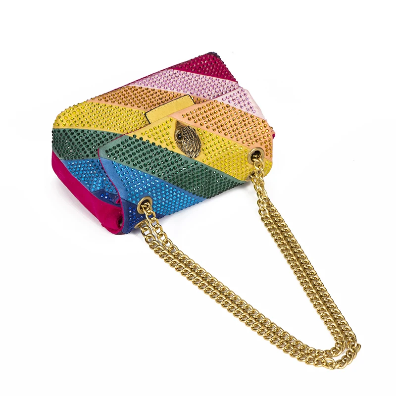 Luxury Design Fabic Women Bag Crystal Embellishment Quilting Pattern Rainbow Patchwork Icon Metal Logo Jointing Purse