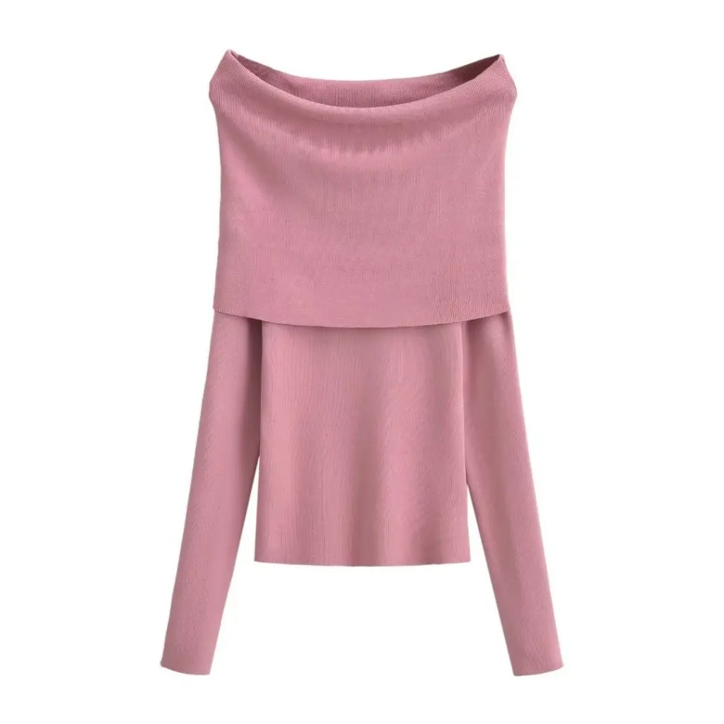 

Retro European American Style Women's Off-Shoulder Long Sleeve Sweater Slim Fit Autumn Top Slimming Collarbone Temperament