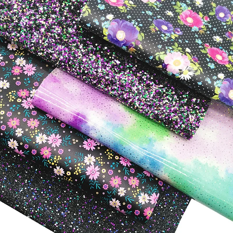 Black Purple Mixed Glitter Leather Sheets Flowers Printed Synthetic Leather Fabric Rainbow Glossy Faux Leather DIY 21x29CM Y454