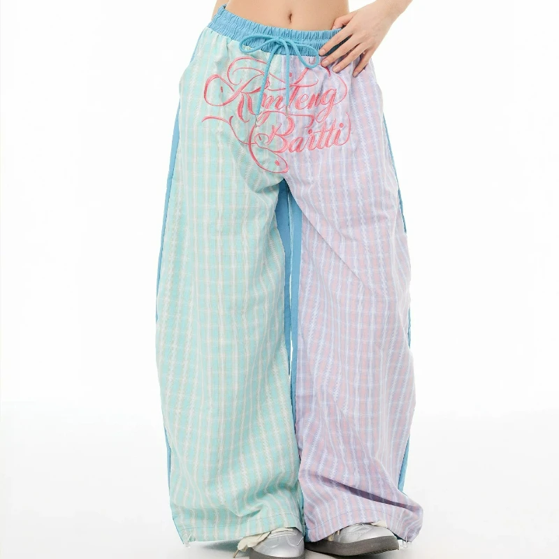 American Retro Letter Embroidered Plaid Women's Pants 2026 New Sweet Loose Casual Age Reduction Thin Mopping Trousers  Ladies