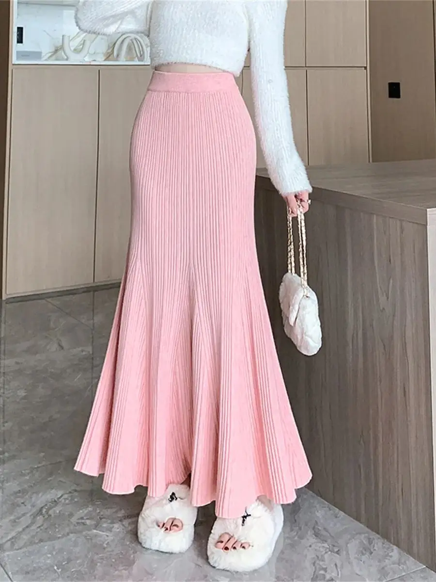 

Однотонная вязаная юбка «рыбий хвост», женская осенне-зимняя облегающая юбка с высокой талией, женская повседневная юбка средней длины с рюшами