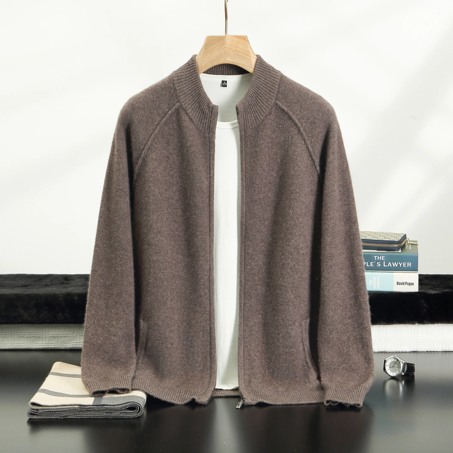 Autumn Winter New Thickened 100% Cashmere Knitted Sweater Men's Half High Collar Zipper cardigan Casual Warm Solid Color Sweater